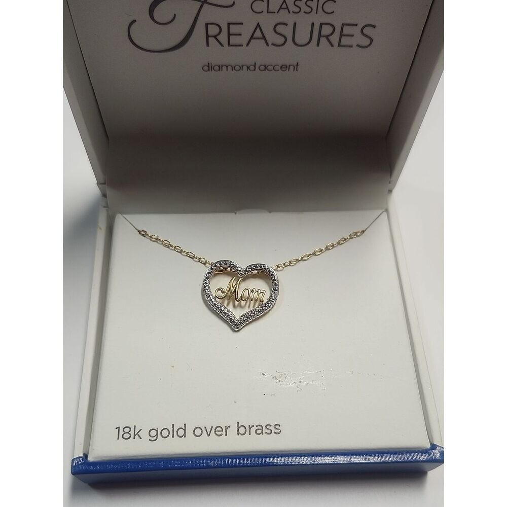 Classic Treasures 18K Gold Over Brass 'Mom' Heart Necklace Diamond Accent